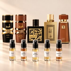 Kit Árabes: decants em destaque na frente dos frascos originais