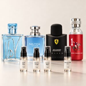 Kit Clássicos: decants em destaque na frente dos frascos originais