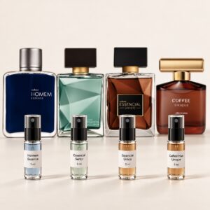 Kit Nacionais: decants em destaque na frente dos frascos originais